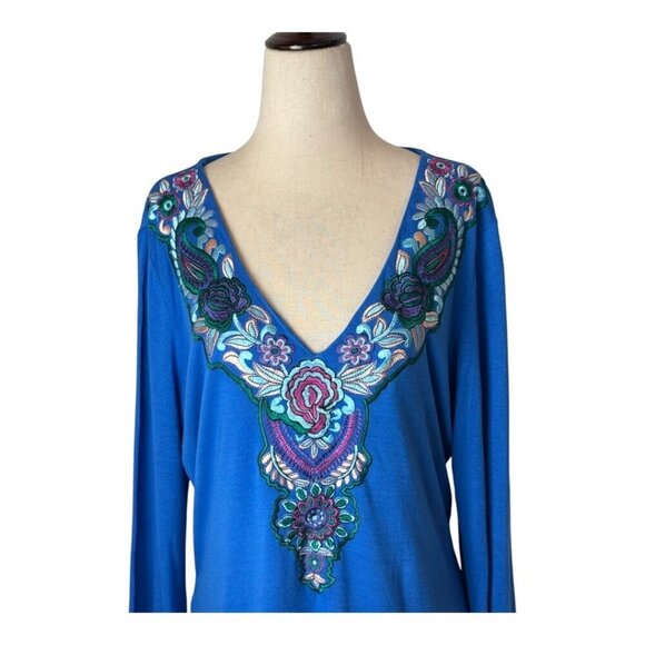 Alexia Admor Shirt Women Large Blue Floral Embroidered Long Sleeve Top NWT Boho - Picture 3 of 11